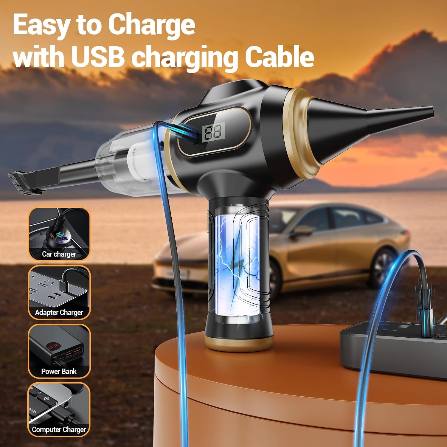 Cordless Mini Car Vacuum Cleaner – High-Power, Rechargeable Handheld with LCD Display & Multi-Nozzle Set (Black)