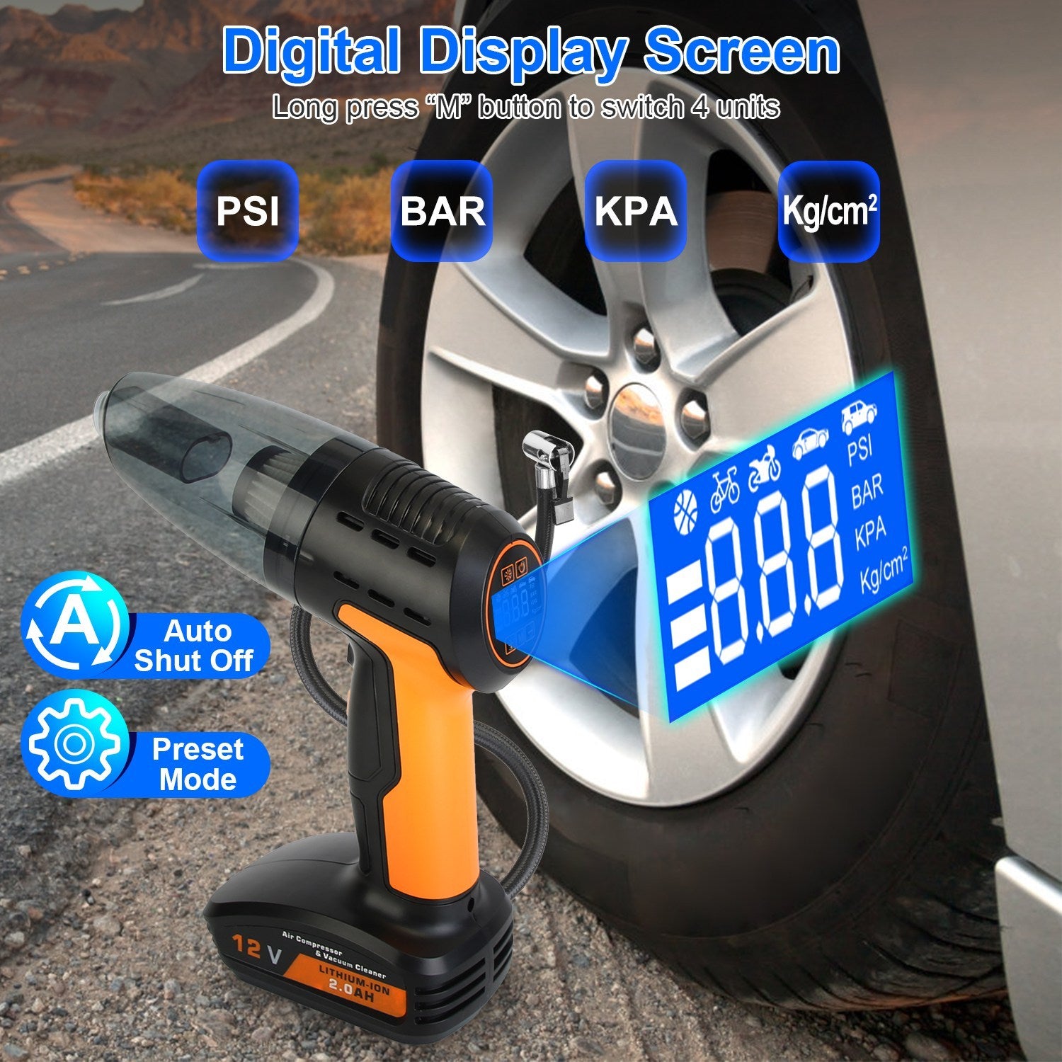 4-in-1 Cordless Car Vacuum Cleaner & Tire Inflator with LED Display, 150Psi Air compressor Pump, Rechargeable & Portable Auto Cleaning Tool