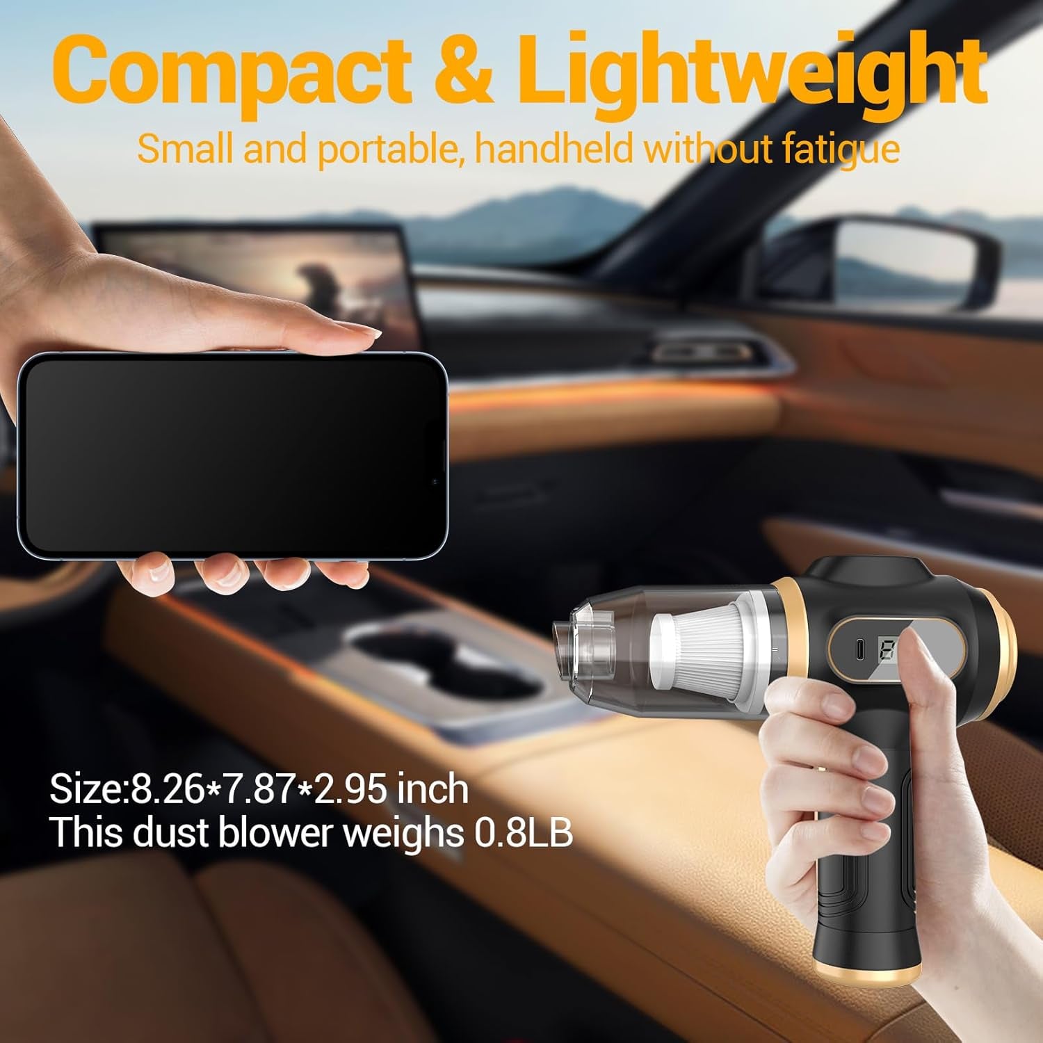 Cordless Mini Car Vacuum Cleaner – High-Power, Rechargeable Handheld with LCD Display & Multi-Nozzle Set (Black)