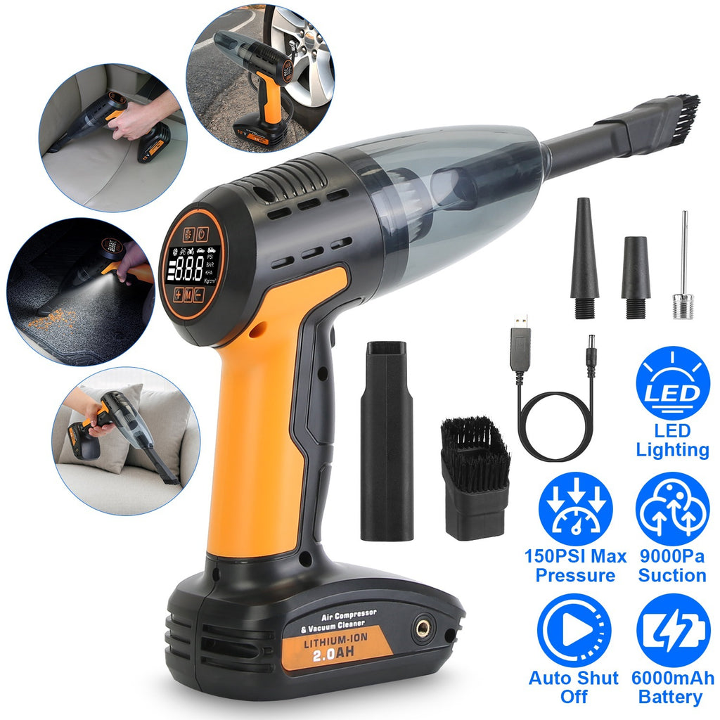4-in-1 Cordless Car Vacuum Cleaner & Tire Inflator with LED Display, 150Psi Air compressor Pump, Rechargeable & Portable Auto Cleaning Tool