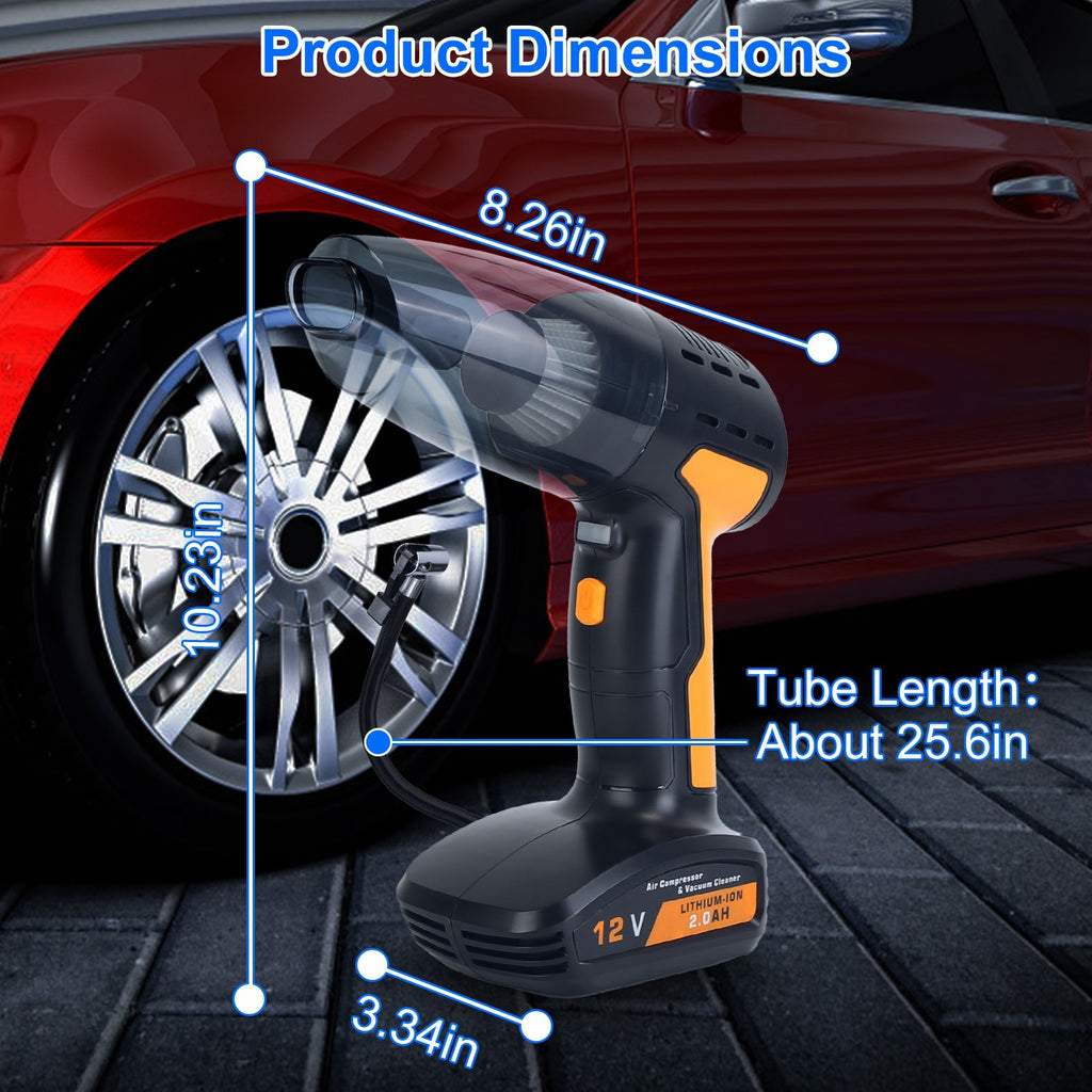 4-in-1 Cordless Car Vacuum Cleaner & Tire Inflator with LED Display, 150Psi Air compressor Pump, Rechargeable & Portable Auto Cleaning Tool