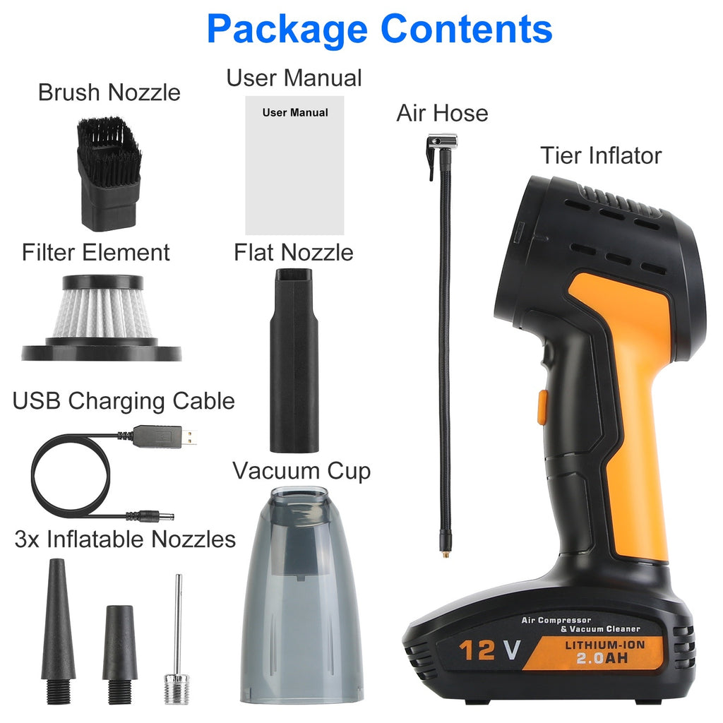 4-in-1 Cordless Car Vacuum Cleaner & Tire Inflator with LED Display, 150Psi Air compressor Pump, Rechargeable & Portable Auto Cleaning Tool