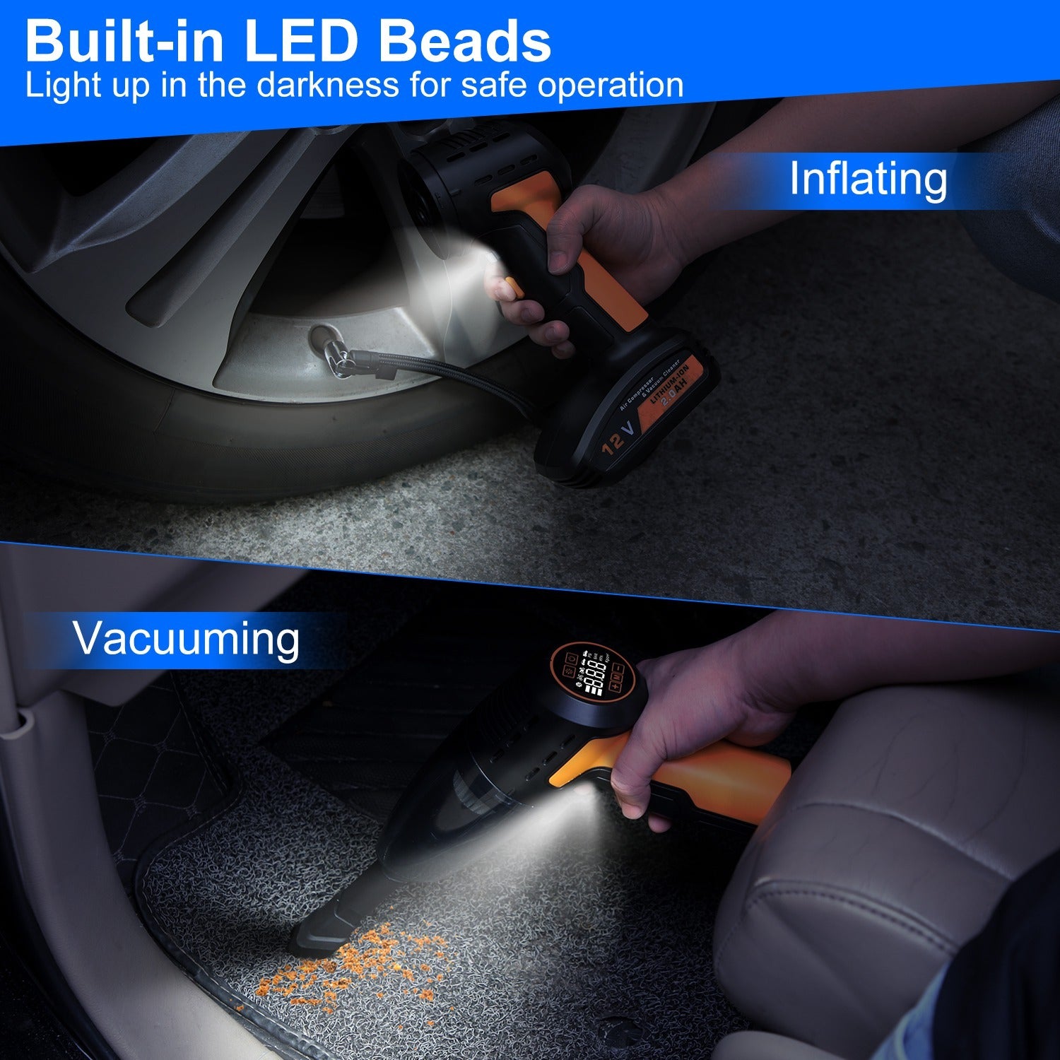4-in-1 Cordless Car Vacuum Cleaner & Tire Inflator with LED Display, 150Psi Air compressor Pump, Rechargeable & Portable Auto Cleaning Tool