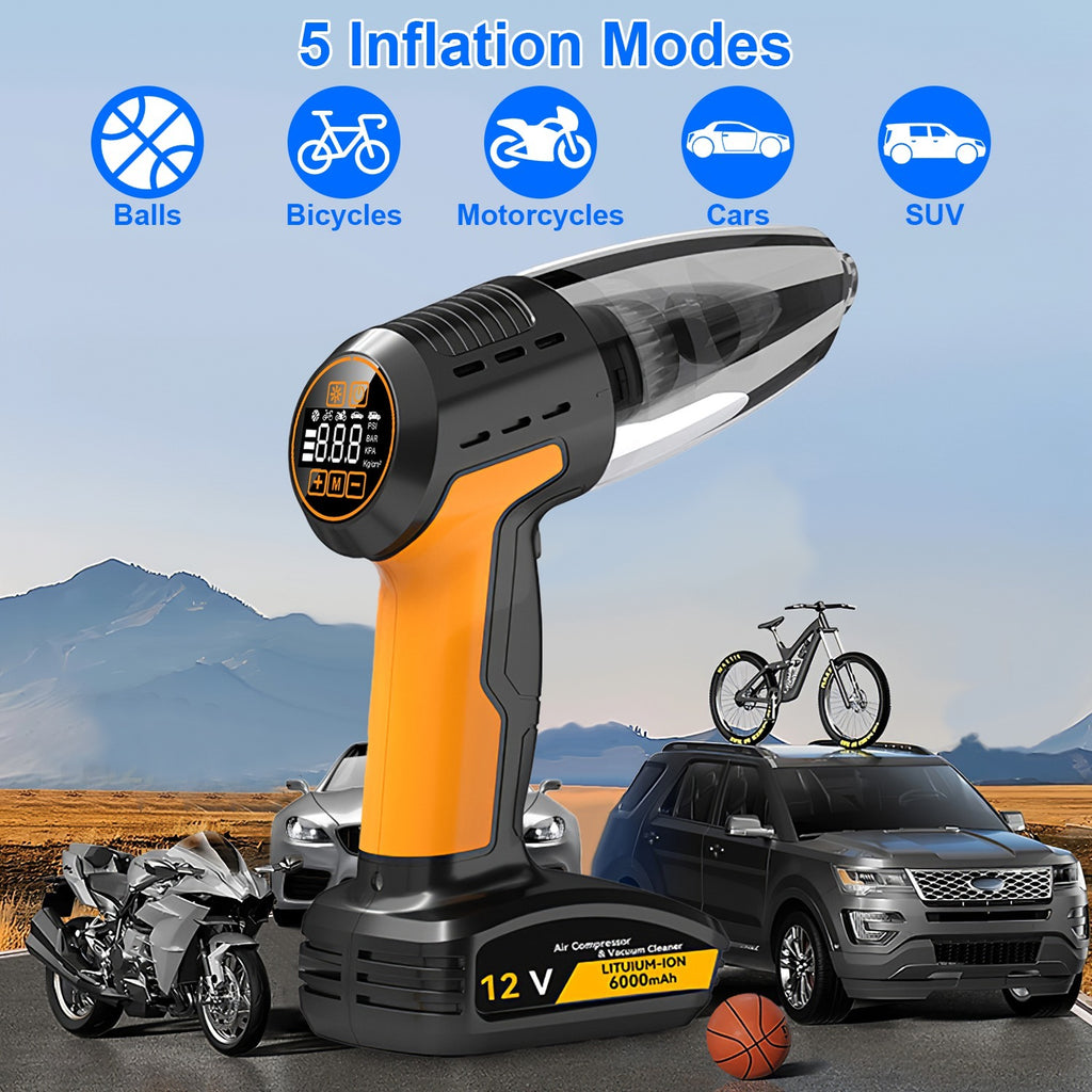 4-in-1 Cordless Car Vacuum Cleaner & Tire Inflator with LED Display, 150Psi Air compressor Pump, Rechargeable & Portable Auto Cleaning Tool