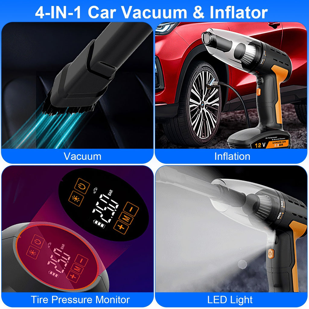 4-in-1 Cordless Car Vacuum Cleaner & Tire Inflator with LED Display, 150Psi Air compressor Pump, Rechargeable & Portable Auto Cleaning Tool