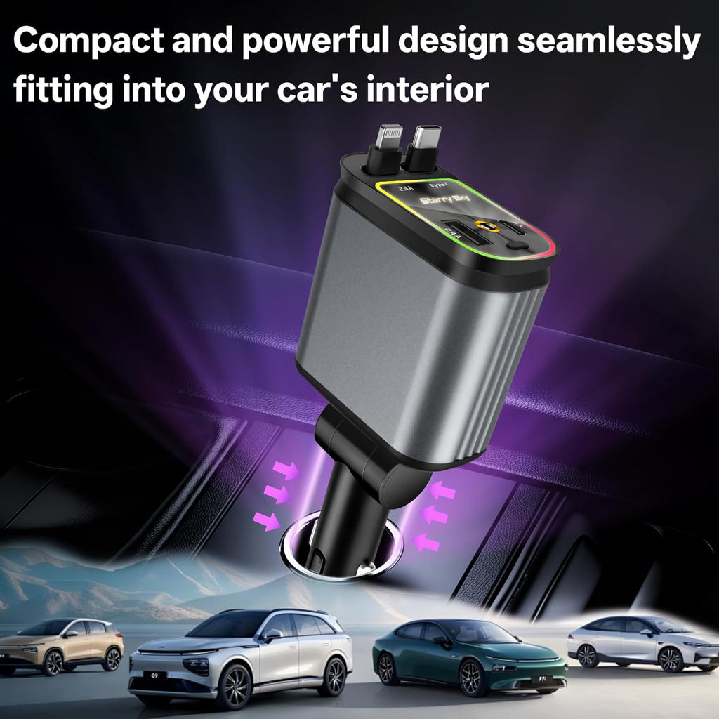 4 in 1 Retractable Car Charger Starlight Compatible with Iphone 16/15/14/13/12/11,Galaxy,Pixel