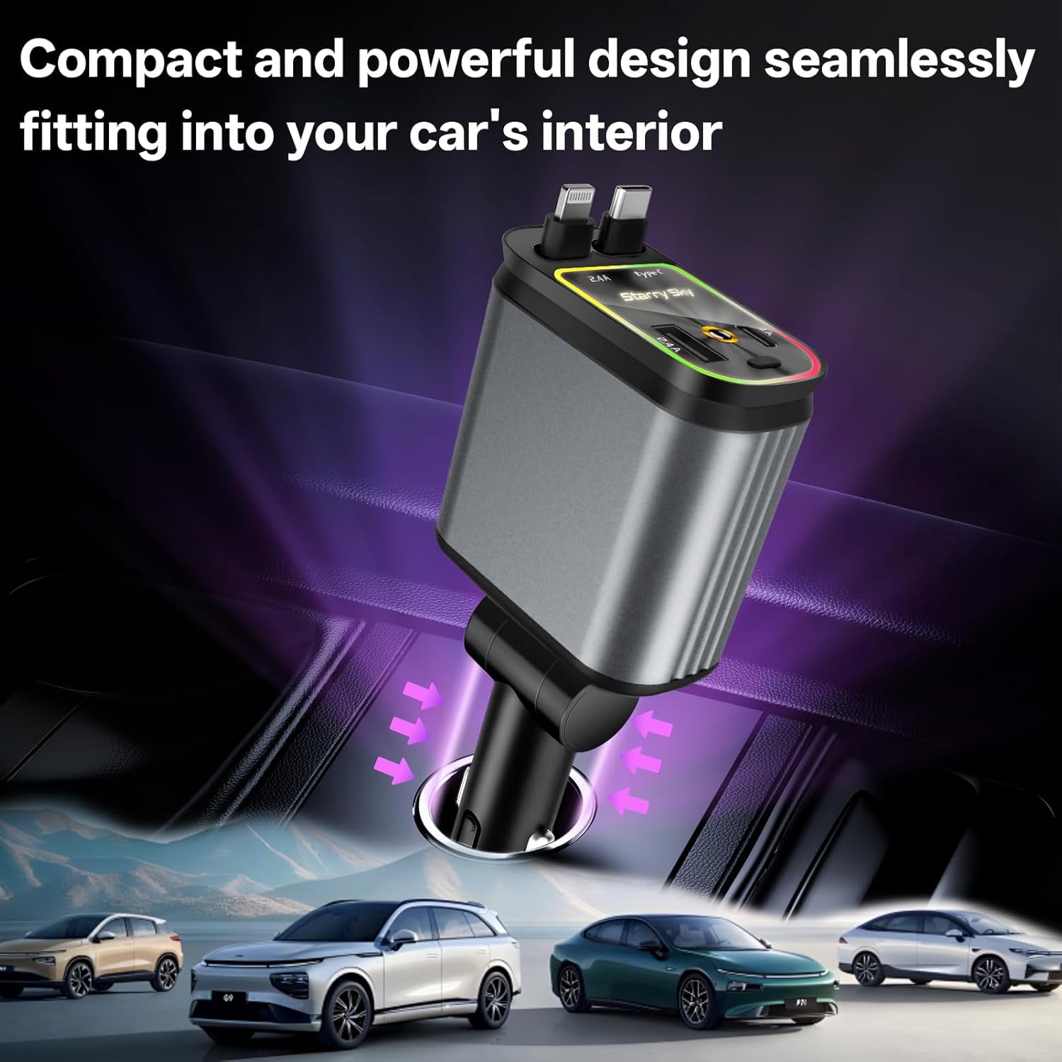 4 in 1 Retractable Car Charger Starlight Compatible with Iphone 16/15/14/13/12/11,Galaxy,Pixel